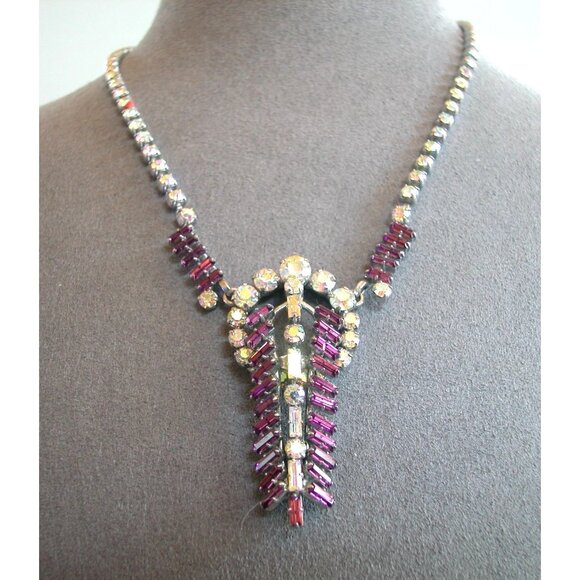 Vintage Art Deco Rhinestone Necklace With Aurora Borealis & Amethyst Stones - Picture 1 of 4